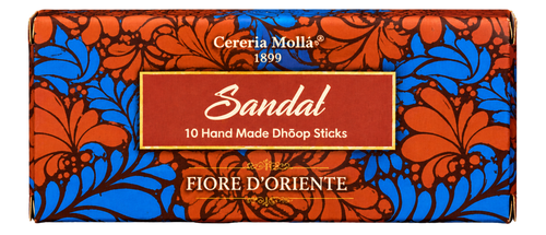 Cereria Molla Sandal Dhooop Sticks packaging box, featuring a vibrant floral pattern in orange-red and blue with a central red label.